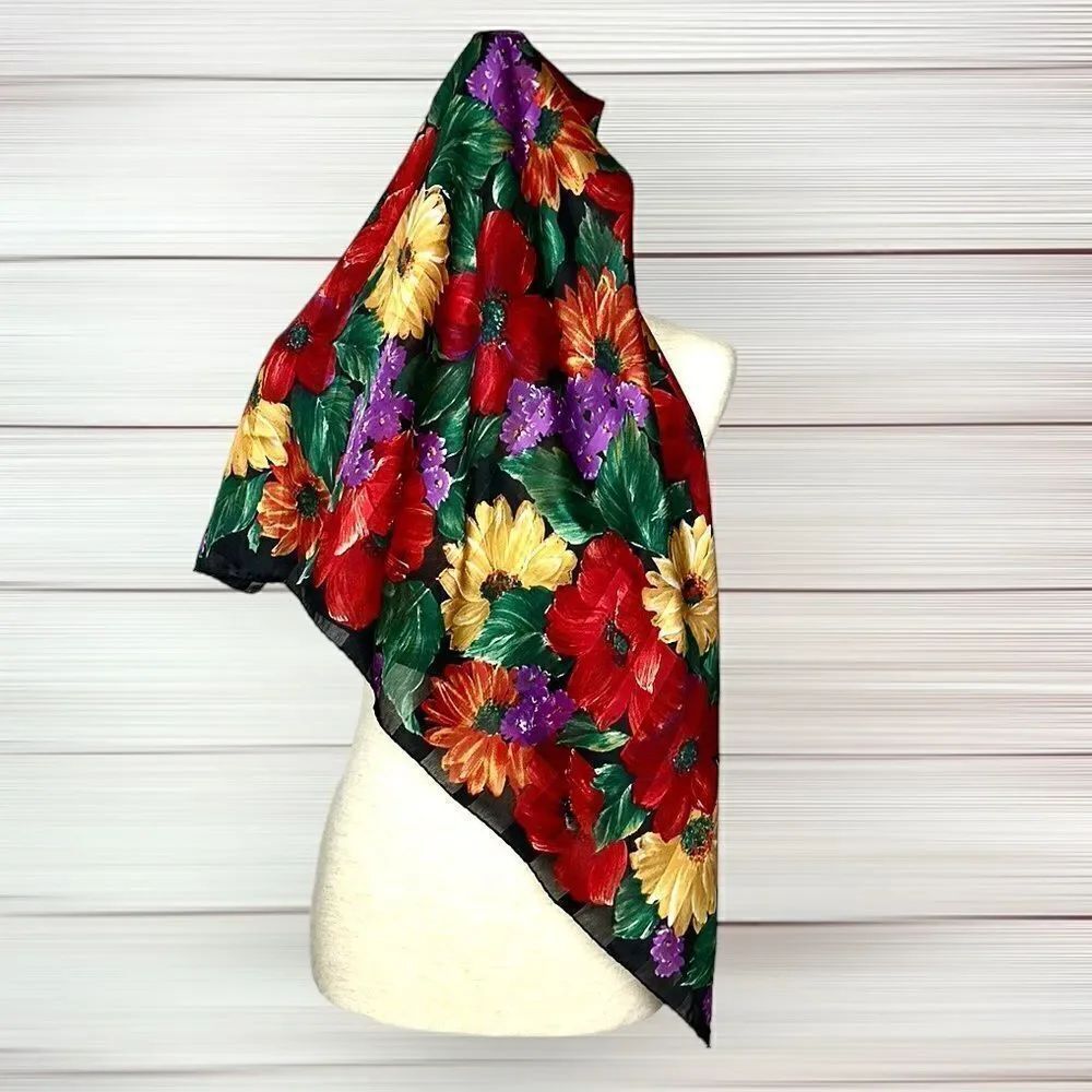 Square Floral Multicolor Poppy Flowers Scarf 34x34 inches made in Italy